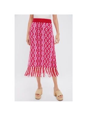 Fringed Pink Patterned Knit Midi Skirt